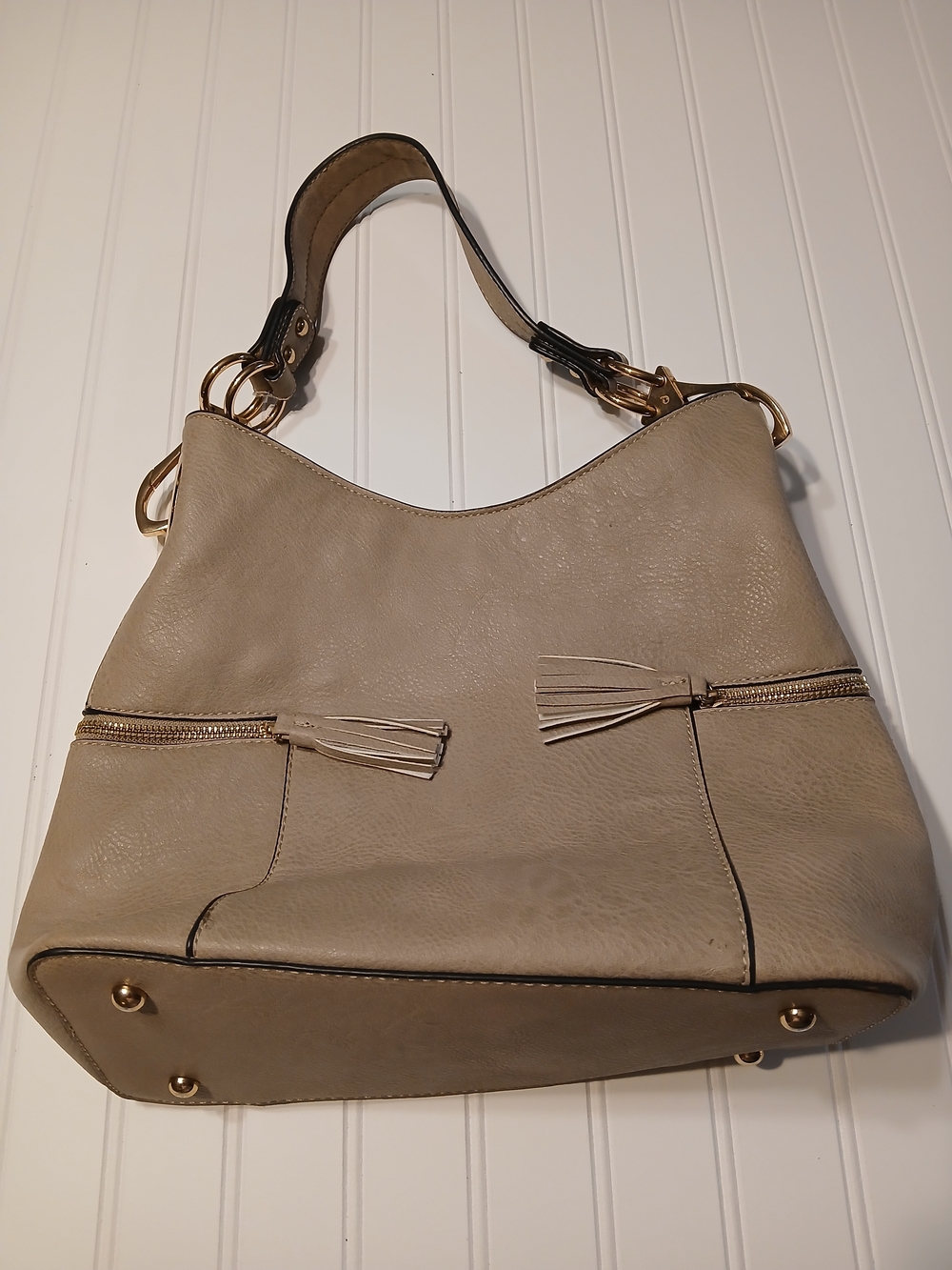 Taupe Pebble-Texture Hobo Bag with Tassel Zippers
